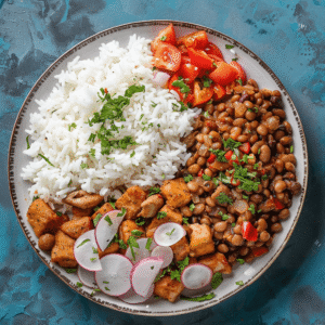 White Rice  With Vegan Sides and Sauce Poi